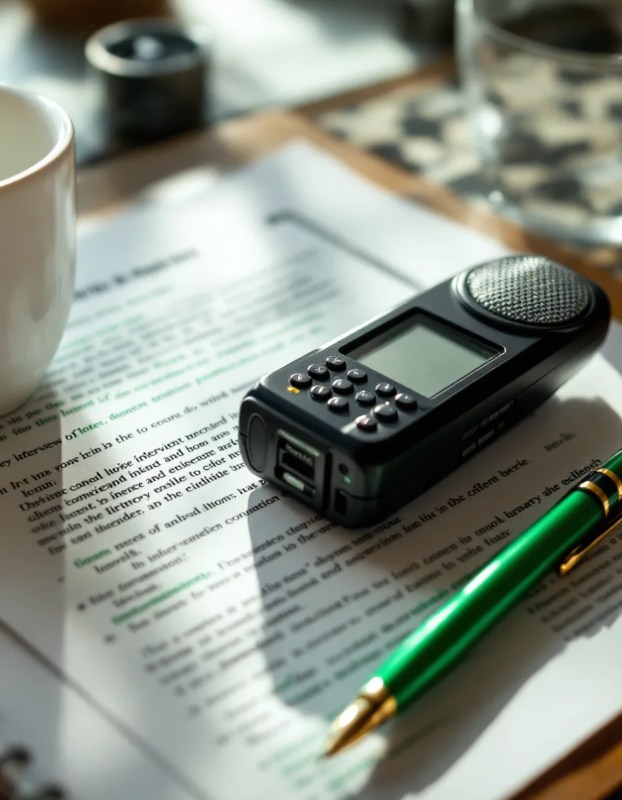 A voice recorder on a printed interview transcript marked up with green editing pen